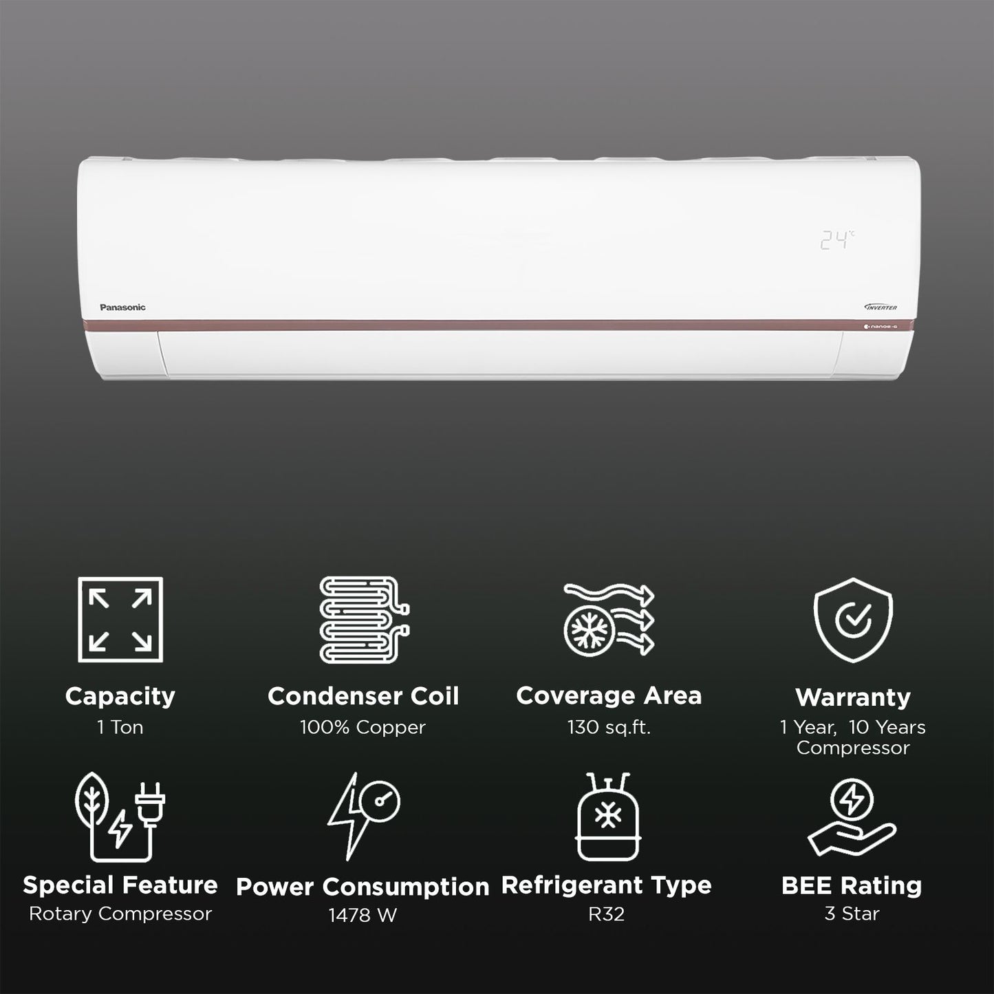 Panasonic WU 7 in 1 Convertible 1 Ton 3 Star Inverter Split Smart AC with Voice Assistant (2025 Model, Copper Condenser, CS/CU-WU12BKYFM)