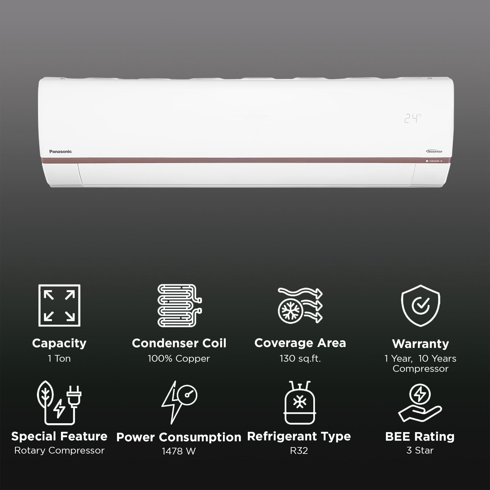 Panasonic WU 7 in 1 Convertible 1 Ton 3 Star Inverter Split Smart AC with Voice Assistant (2025 Model, Copper Condenser, CS/CU-WU12BKYFM)