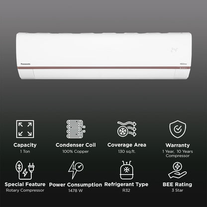 Panasonic WU 7 in 1 Convertible 1 Ton 3 Star Inverter Split Smart AC with Voice Assistant (2025 Model, Copper Condenser, CS/CU-WU12BKYFM)
