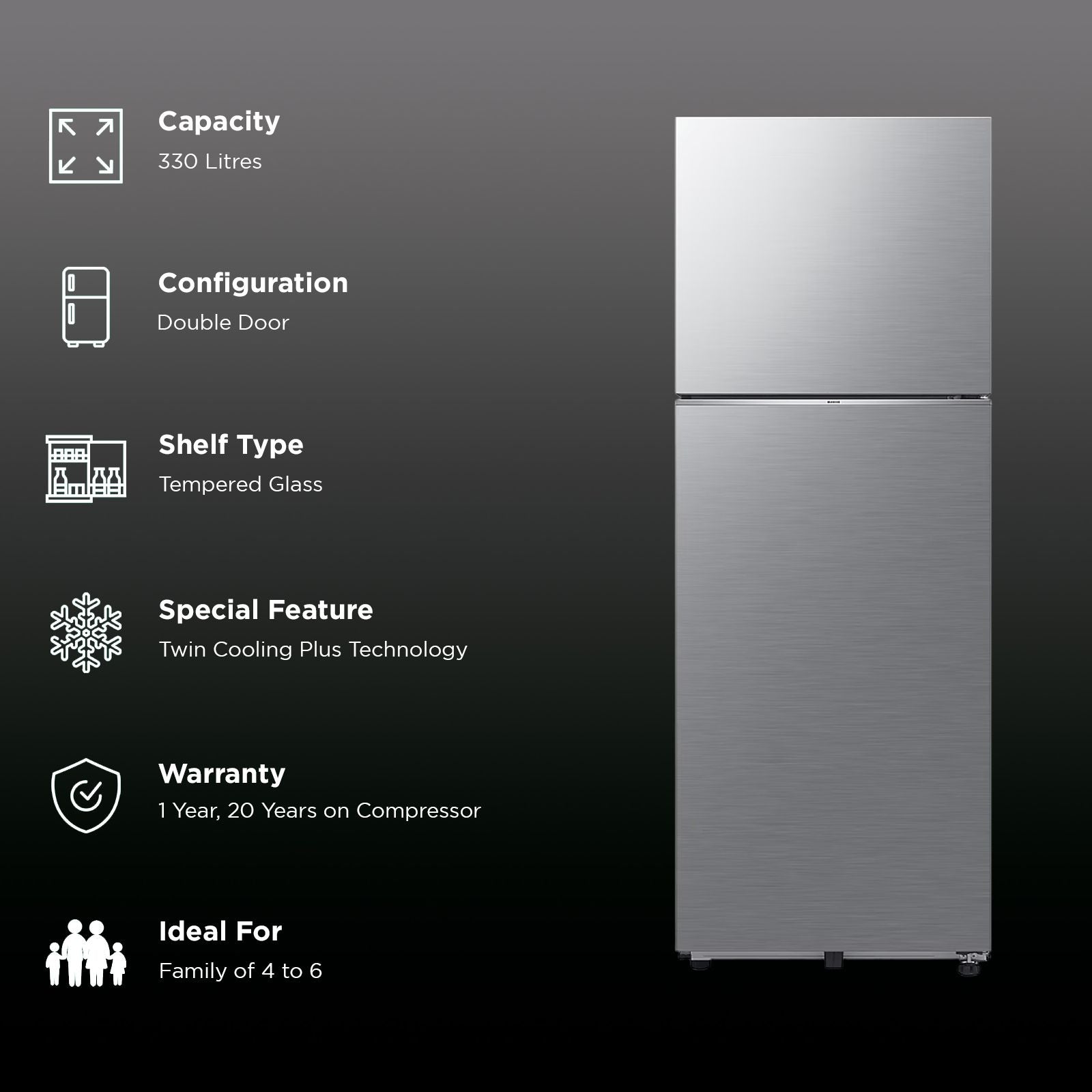 SAMSUNG 330 Litres 2 Star Frost Free Double Door Smart Wifi Enabled Refrigerator with Twin Cooling Plus Technology (RT34DG5A2BS8HL, Elegant Inox)