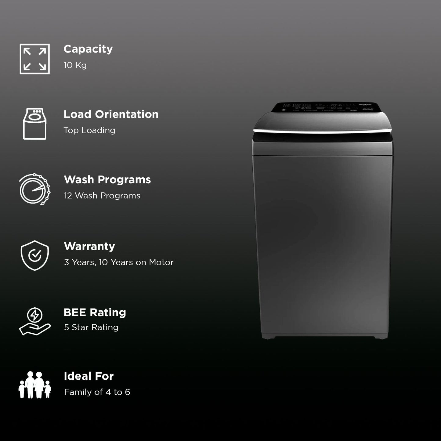 Whirlpool 10 kg 5 Star Fully Automatic Top Load Washing Machine (360 BW Pro H, 31688, In-built Heater, Graphite)