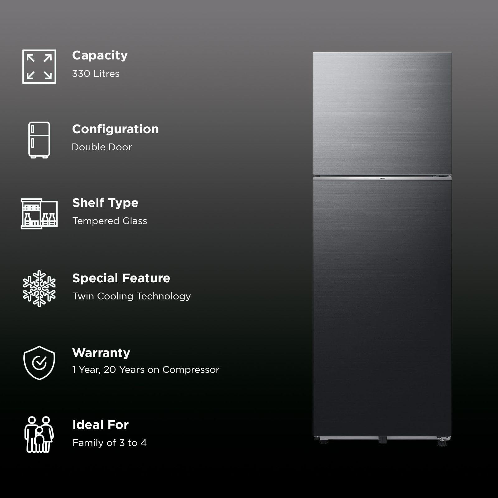 SAMSUNG 330 Litres 2 Star Frost Free Double Door Smart Wifi Enabled Refrigerator with Anti Bacterial Gasket (RT34DG5A2BBXHL, Luxe Black)