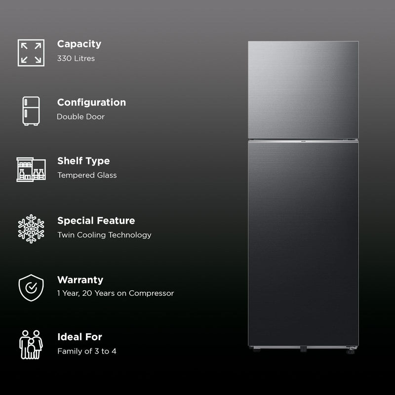 SAMSUNG 330 Litres 2 Star Frost Free Double Door Smart Wifi Enabled Refrigerator with Anti Bacterial Gasket (RT34DG5A2BBXHL, Luxe Black)