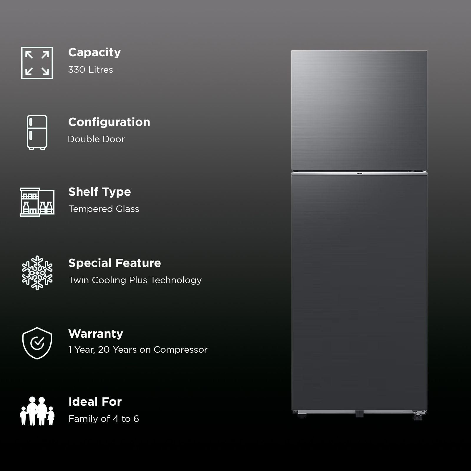 SAMSUNG 330 Litres 3 Star Frost Free Double Door Smart Wifi Enabled Refrigerator with Twin Cooling Plus Technology (RT34DG5A4DB1HL, Black Matt)