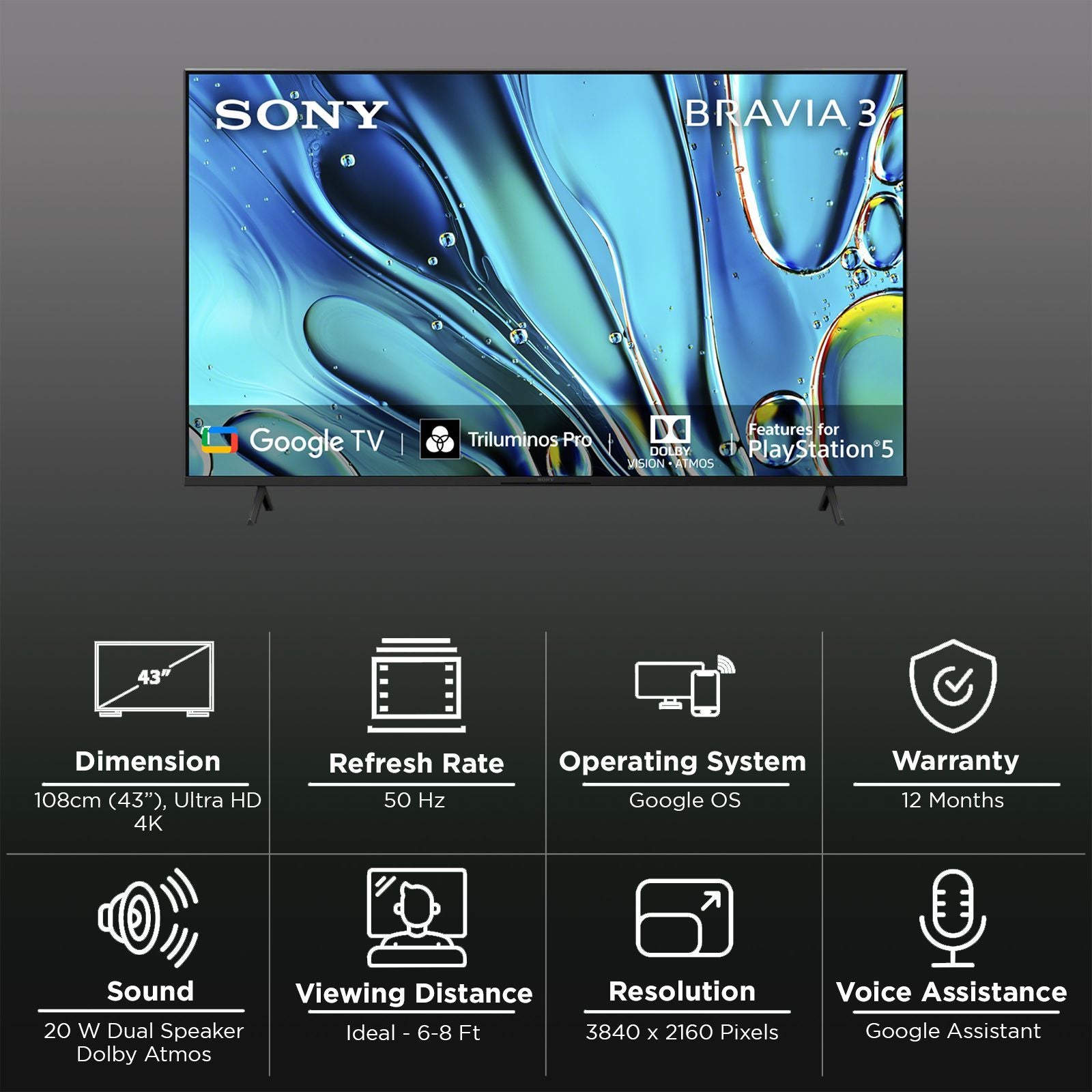 SONY BRAVIA 3 108 cm (43 inch) LED 4K Ultra HD Google TV with Dolby Vision & Dolby Atmos (2024 model)