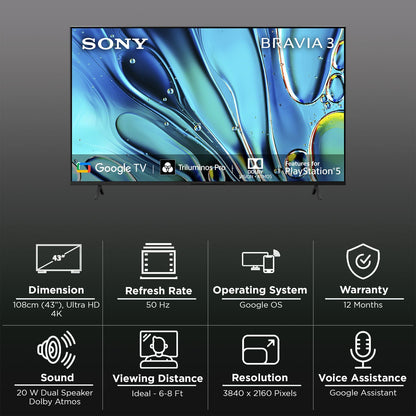 SONY BRAVIA 3 108 cm (43 inch) LED 4K Ultra HD Google TV with Dolby Vision & Dolby Atmos (2024 model)