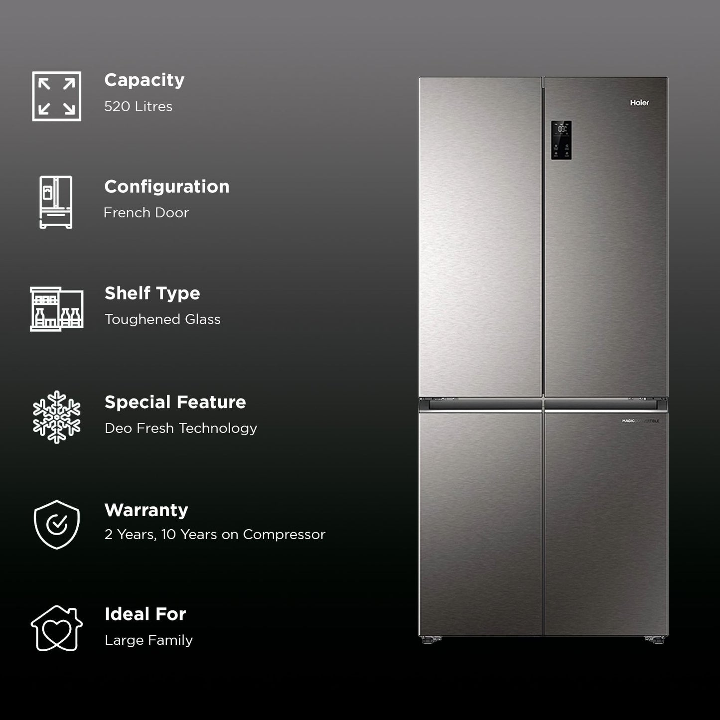 Haier 520 Litres 3 Star Frost Free French Door Convertible Refrigerator (HRB-600IS, Inox Steel)