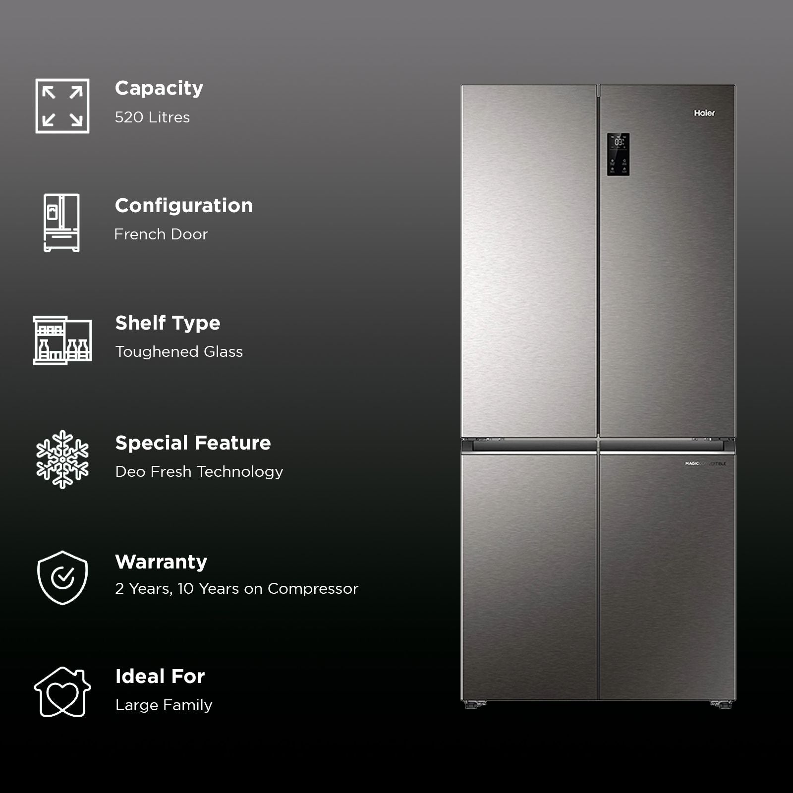 Haier 520 Litres 3 Star Frost Free French Door Convertible Refrigerator (HRB-600IS, Inox Steel)