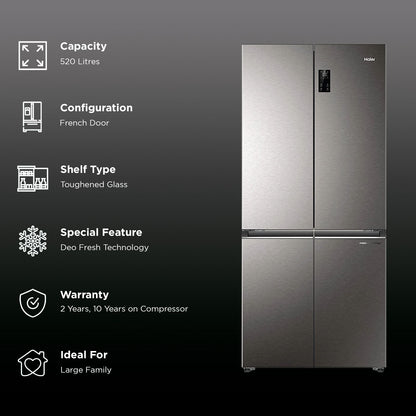 Haier 520 Litres 3 Star Frost Free French Door Convertible Refrigerator (HRB-600IS, Inox Steel)