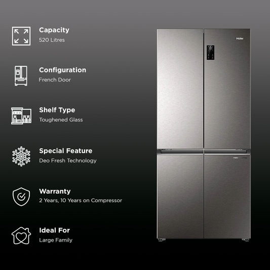 Haier 520 Litres 3 Star Frost Free French Door Convertible Refrigerator (HRB-600IS, Inox Steel)