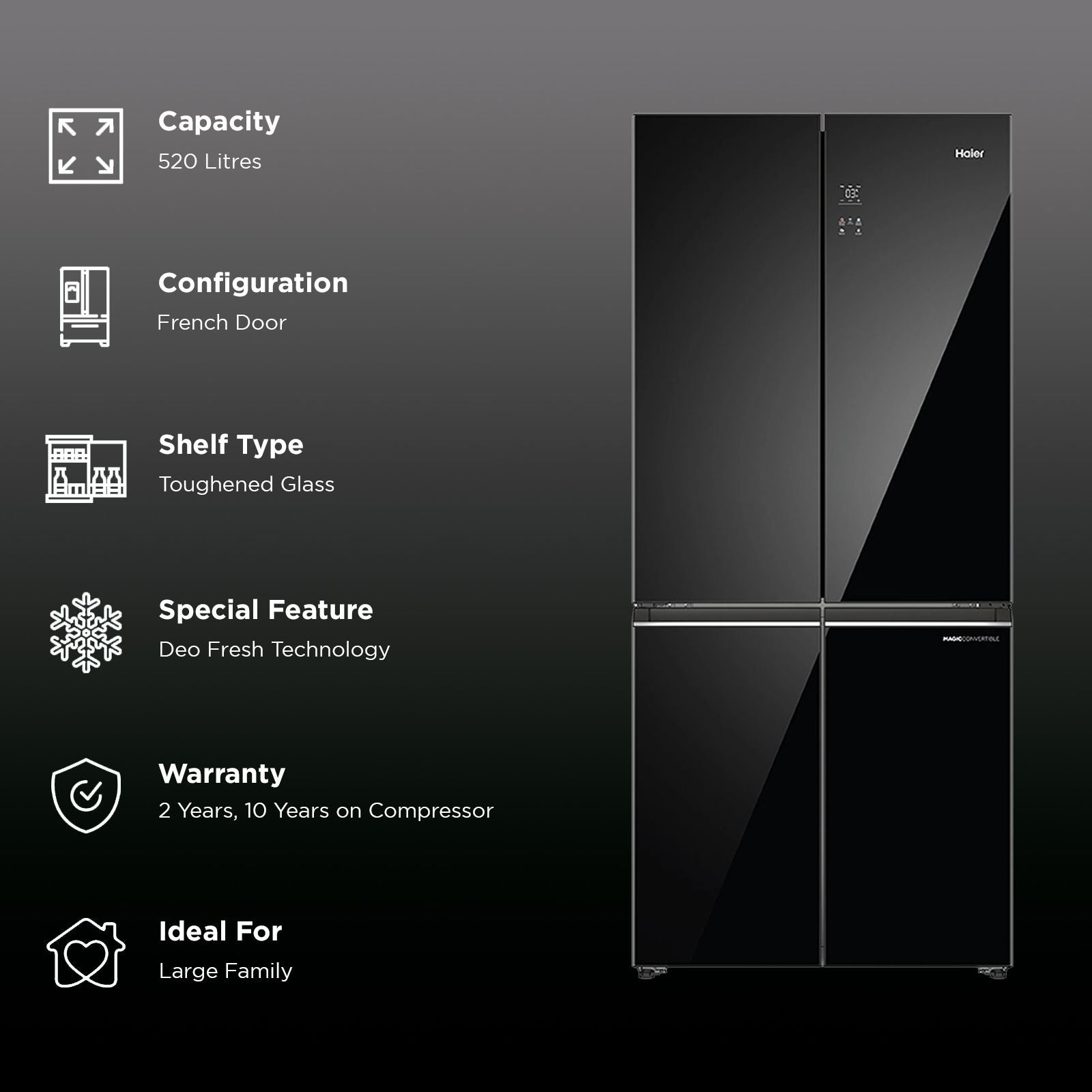 Haier 520 Litres 3 Star Frost Free French Door Convertible Refrigerator with Colorful Digital Display Panel (HRB-600KGU1, Black Glass)