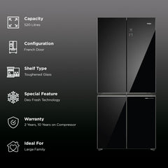 Haier 520 Litres 3 Star Frost Free French Door Convertible Refrigerator with Colorful Digital Display Panel (HRB-600KGU1, Black Glass)