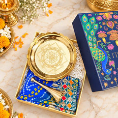 Brass Diwali Gift Hamper with Lotus Plate, Handbell and Pooja Asana