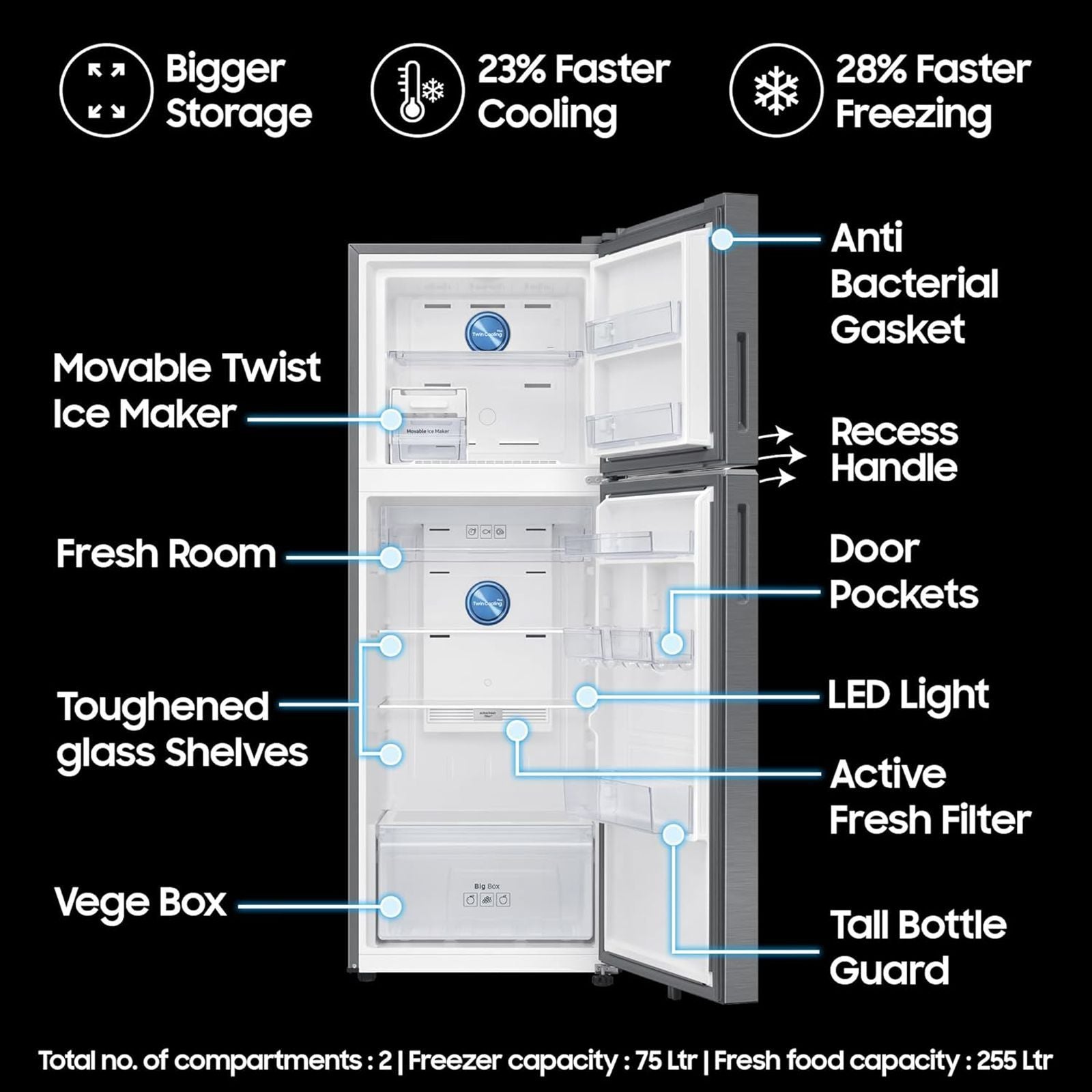 SAMSUNG 330 Litres 3 Star Frost Free Double Door Smart Wifi Enabled Refrigerator with Bespoke AI (RT34DG5A4DS8HL, Elegant Inox)