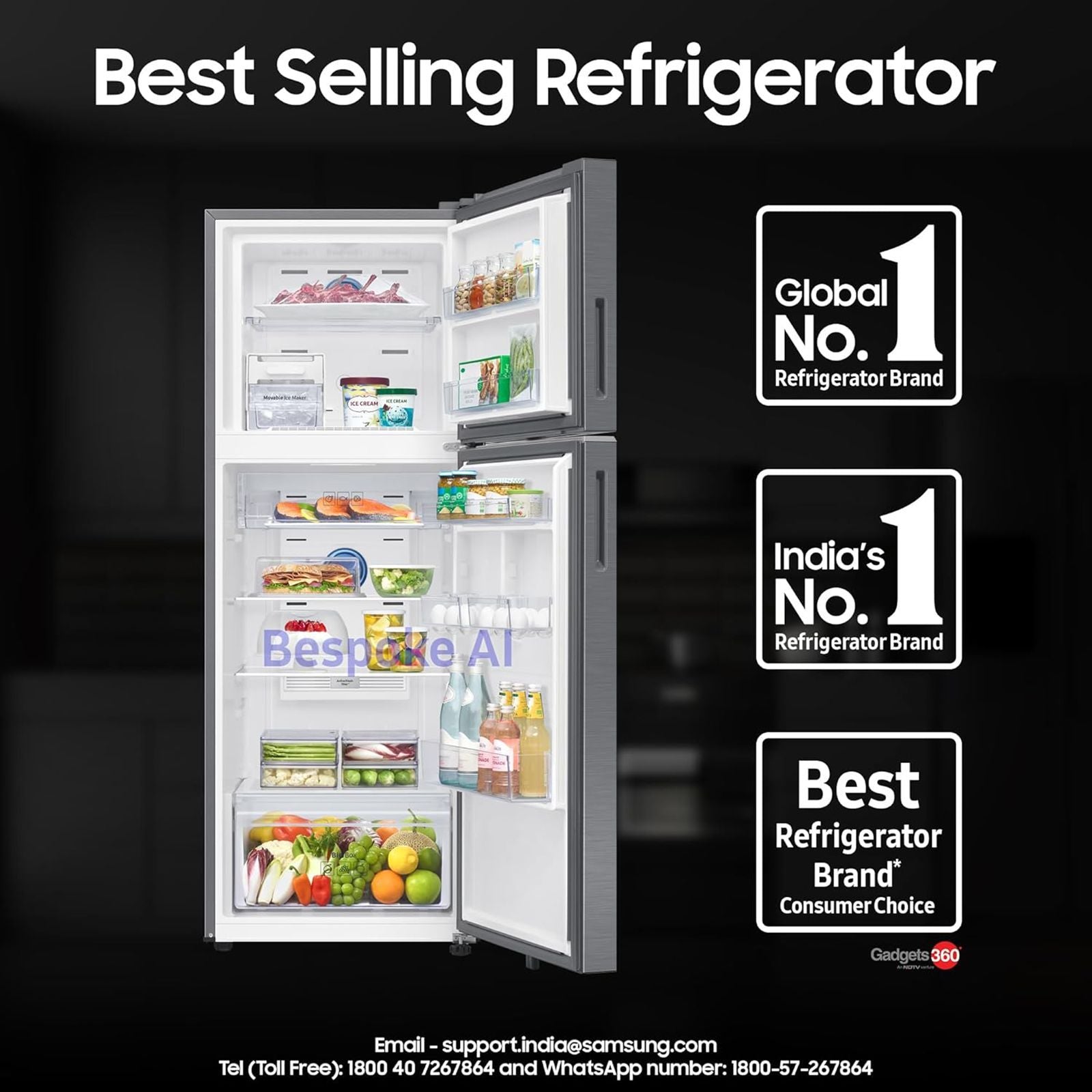 SAMSUNG 330 Litres 3 Star Frost Free Double Door Smart Wifi Enabled Refrigerator with Bespoke AI (RT34DG5A4DS8HL, Elegant Inox)