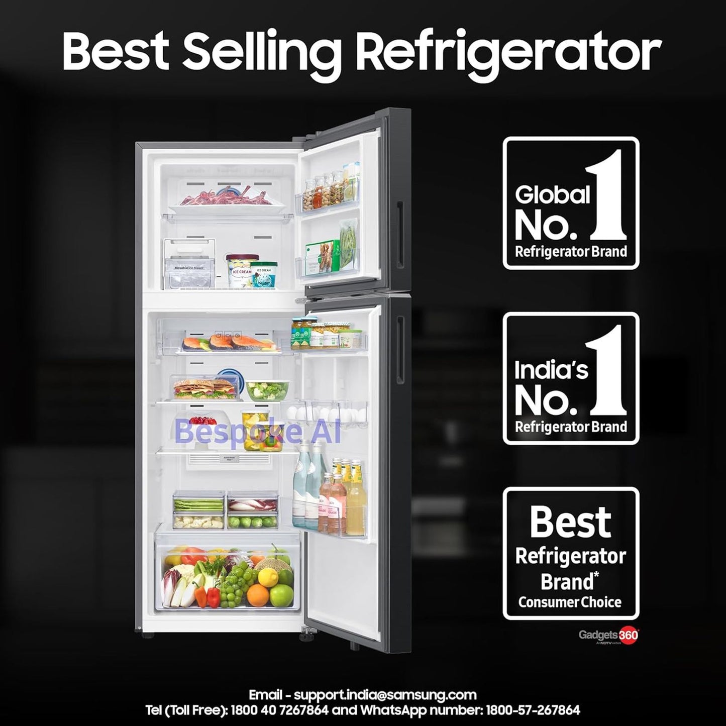 SAMSUNG 330 Litres 3 Star Frost Free Double Door Smart Wifi Enabled Refrigerator with Bespoke AI (RT34DG5A4DBXHL, Luxe Black)