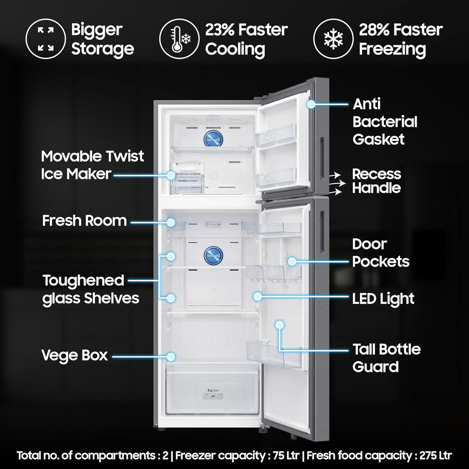 SAMSUNG 350 Litres 2 Star Frost Free Double Door Smart Wifi Enabled Refrigerator with Bespoke AI (RT38DG5A2BSLHL, Real Stainless)