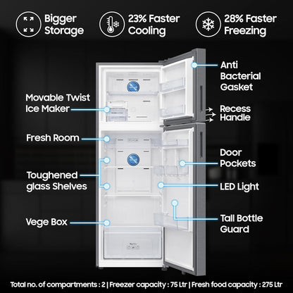 SAMSUNG 350 Litres 2 Star Frost Free Double Door Smart Wifi Enabled Refrigerator with Bespoke AI (RT38DG5A2BSLHL, Real Stainless)