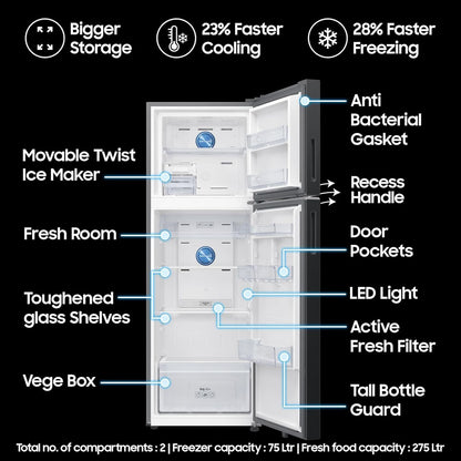 SAMSUNG 350 Litres 3 Star Frost Free Double Door Smart Wifi Enabled Refrigerator with Bespoke AI (RT38DG5A4DBXHL, Luxe Black)