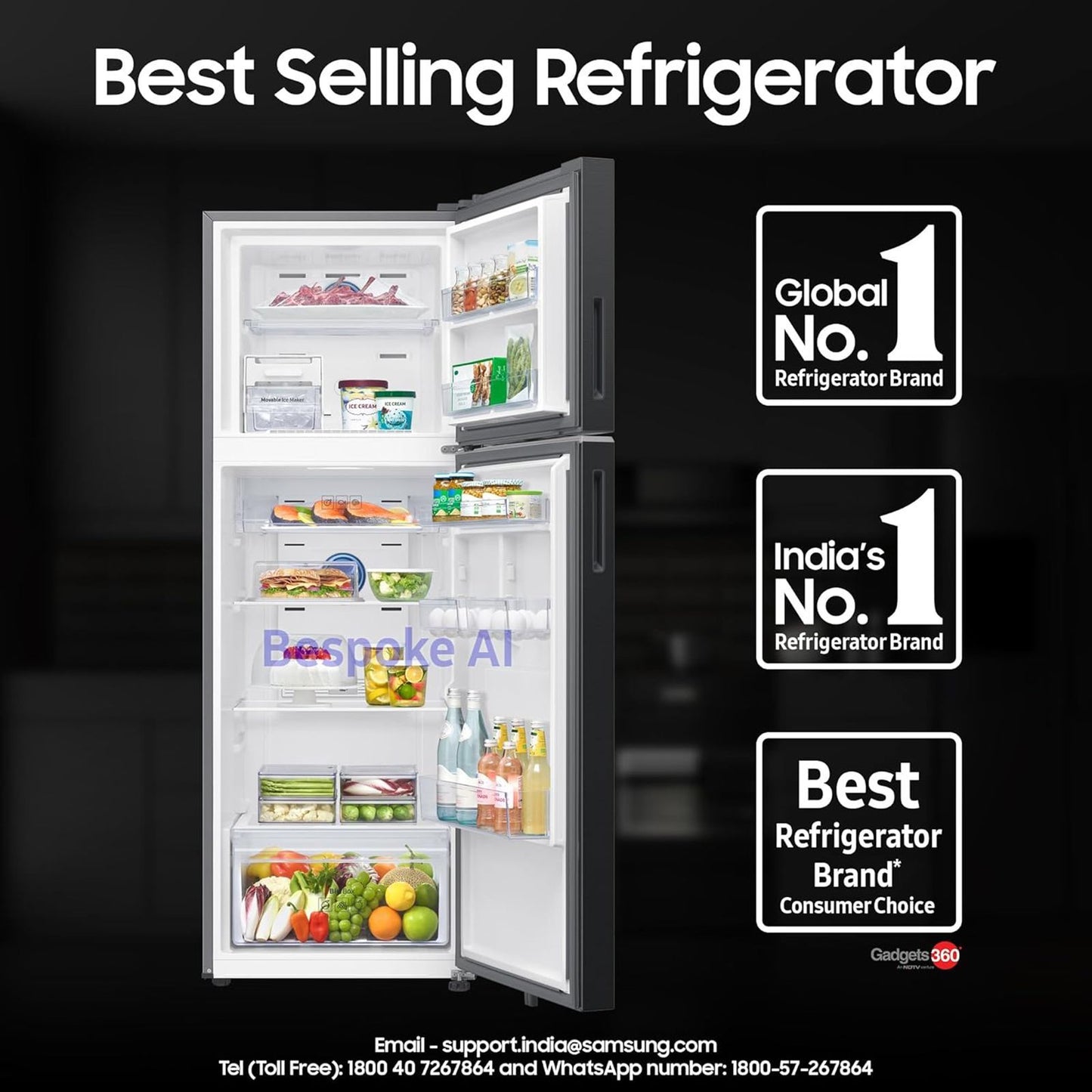 SAMSUNG 350 Litres 3 Star Frost Free Double Door Smart Wifi Enabled Refrigerator with Bespoke AI (RT38DG5A4DBXHL, Luxe Black)