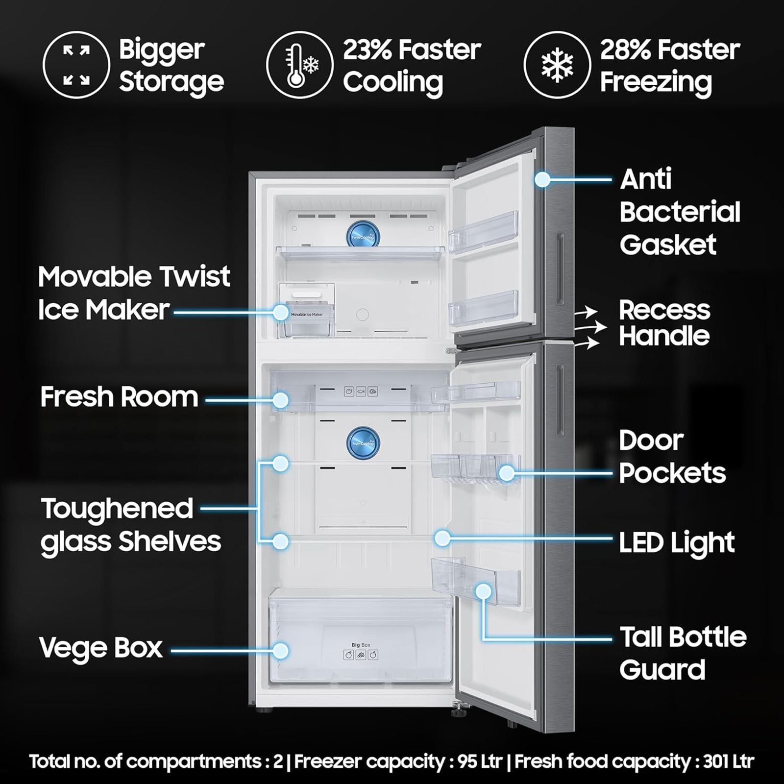 SAMSUNG 396 Litres 2 Star Frost Free Double Door Smart Wifi Enabled Refrigerator with Bespoke AI (RT41DG6A2BSLHL, Real Stainless)