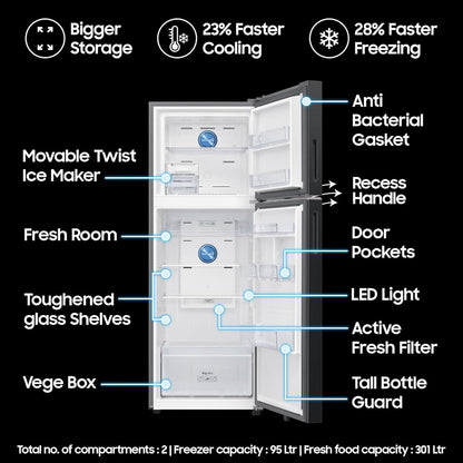 SAMSUNG 396 Litres 3 Star Frost Free Double Door Smart Wifi Enabled Refrigerator with Bespoke AI (RT41DG6A4DB1HL, Black Matt)
