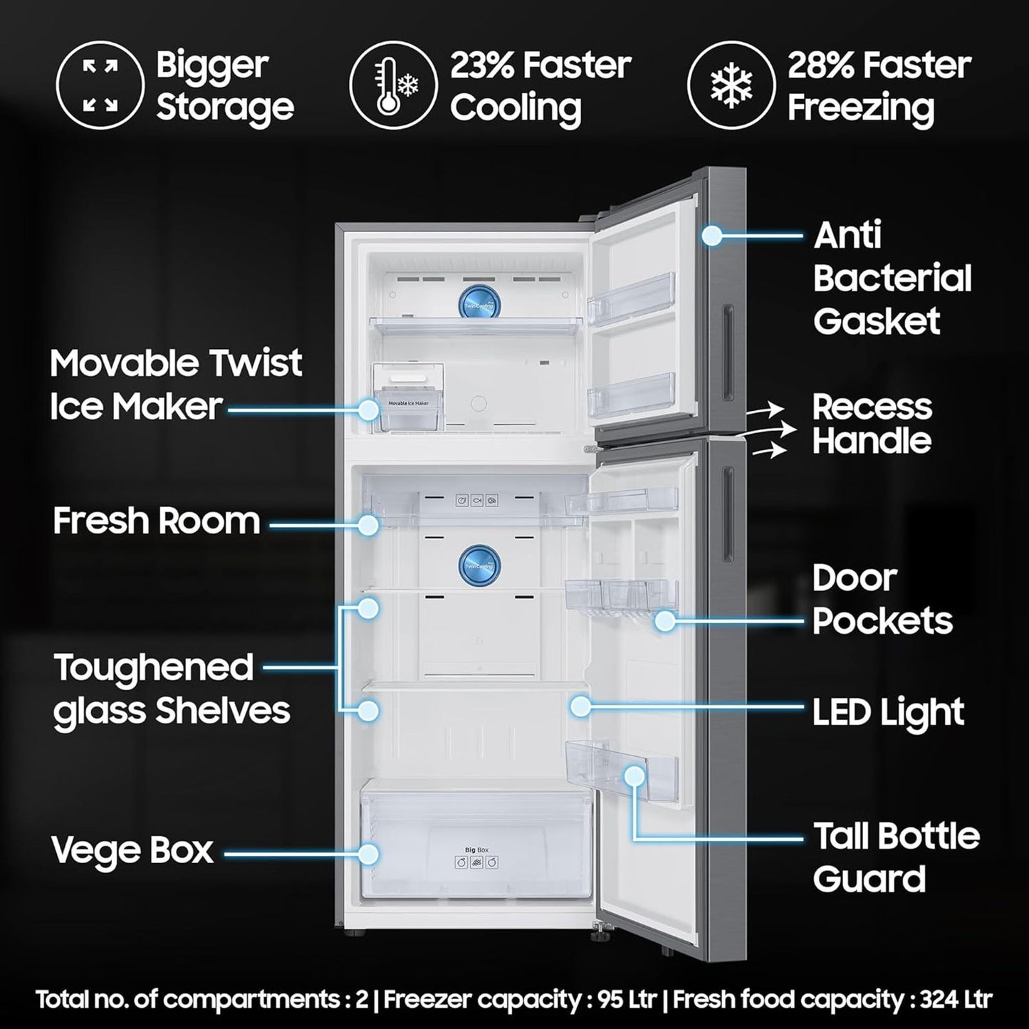 SAMSUNG 419 Litres 2 Star Frost Free Double Door Smart Wifi Enabled Refrigerator with Bespoke AI (RT45DG6A2BS8HL, Elegant Inox)