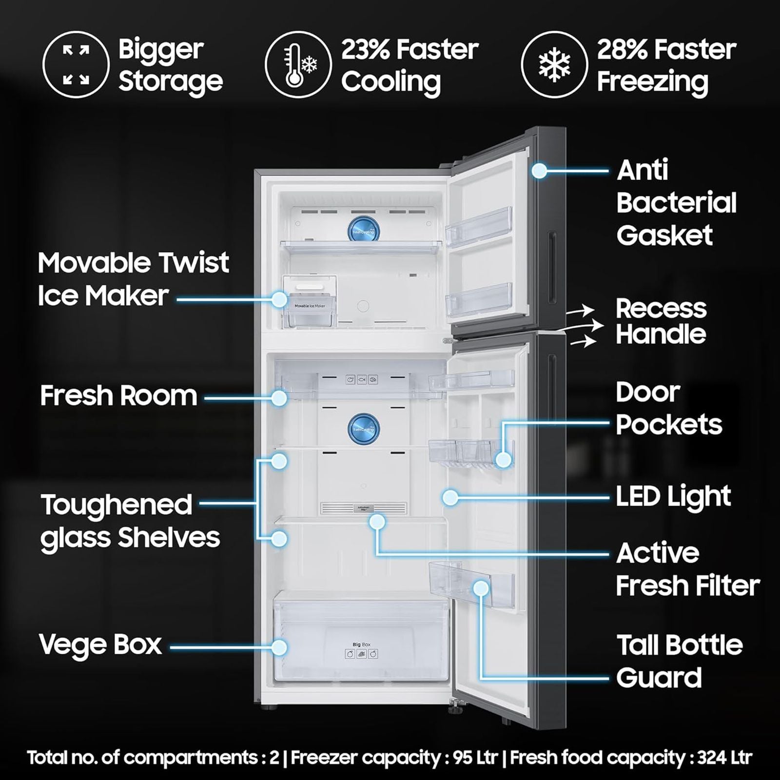SAMSUNG 419 Litres 3 Star Frost Free Double Door Smart Wifi Enabled Refrigerator with Bespoke AI (RT45DG6A4DB1HL, Black Matt)