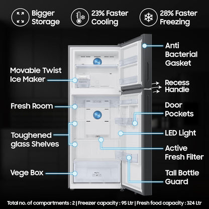 SAMSUNG 419 Litres 3 Star Frost Free Double Door Smart Wifi Enabled Refrigerator with Bespoke AI (RT45DG6A4DB1HL, Black Matt)