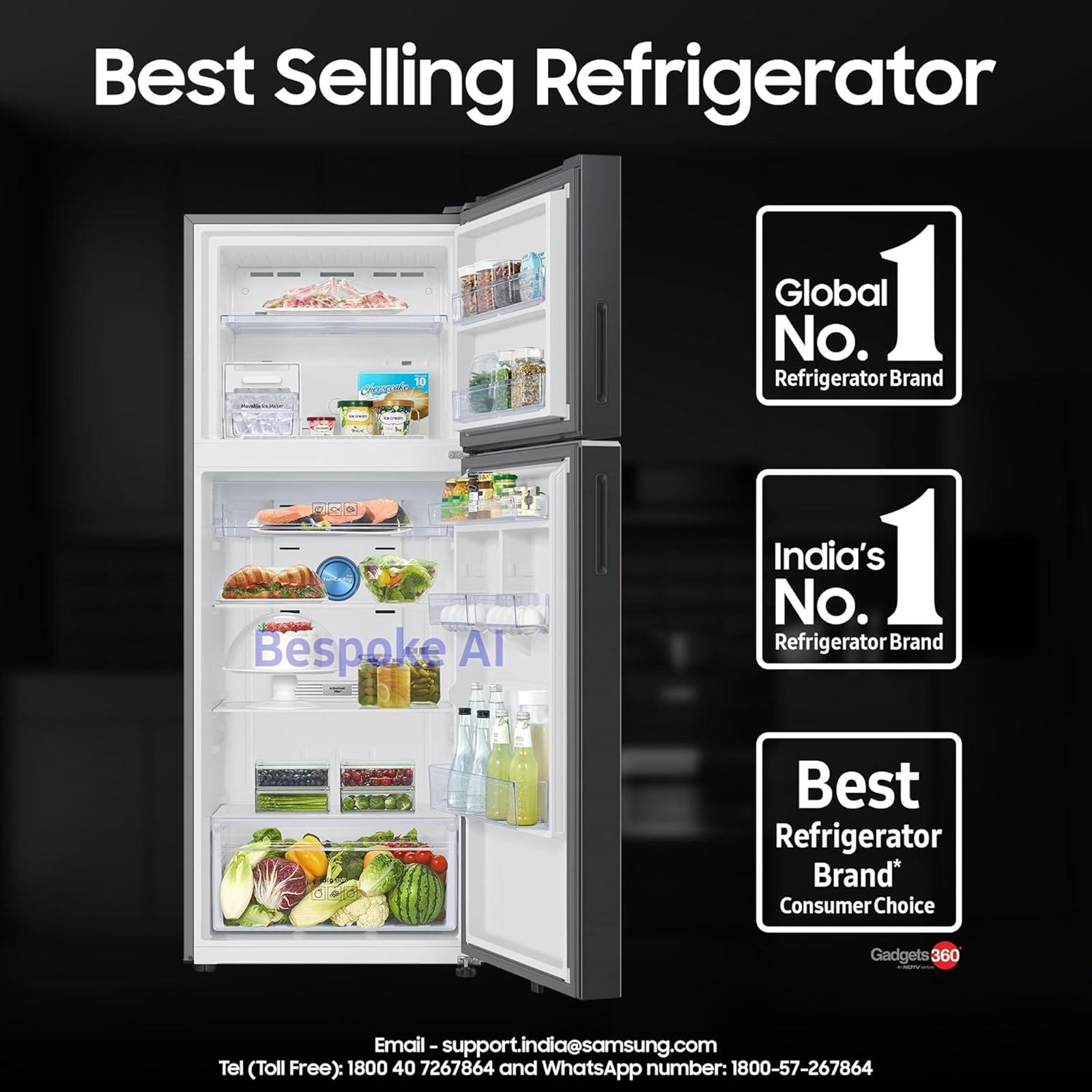 SAMSUNG 419 Litres 3 Star Frost Free Double Door Smart Wifi Enabled Refrigerator with Bespoke AI (RT45DG6A4DB1HL, Black Matt)