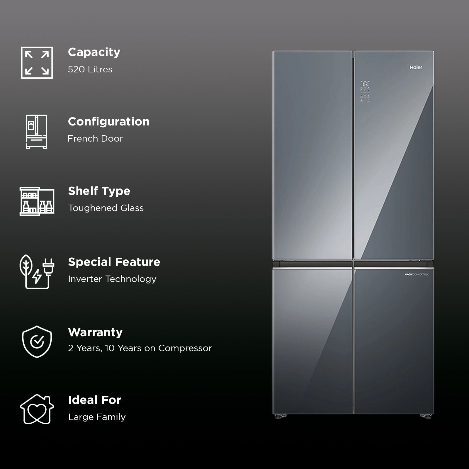 Haier Lumiere 520 Liters 3 Star Auto Defrost Four Door Smart Wifi Enabled Refrigerator with Colorful Digital Display (HRB-600MGU1, Mirror Glass)
