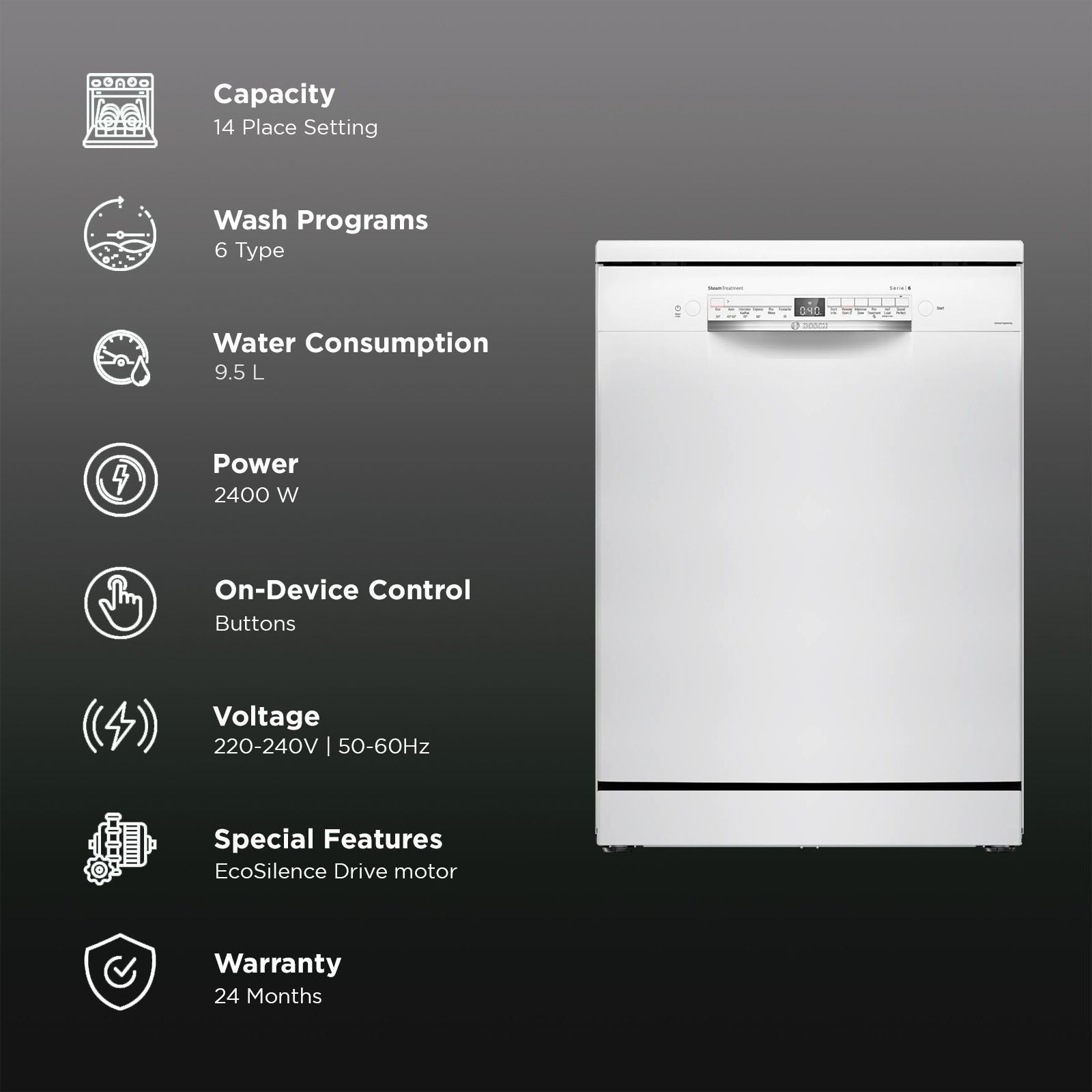 BOSCH Series 6 14 Place Settings Free Standing Dishwasher with Glass Protection Technology (No Pre-rinse Required, White)