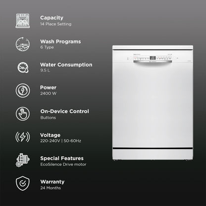 BOSCH Series 6 14 Place Settings Free Standing Dishwasher with Glass Protection Technology (No Pre-rinse Required, White)