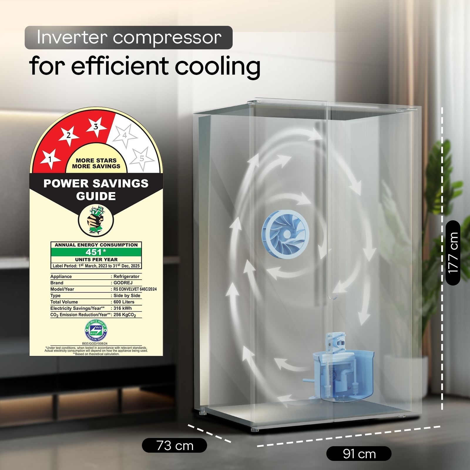 Godrej 600 Litres 3 Star Frost Free Side by Side Refrigerator with Powered By AI (RS EON VELVET 646C RIT, Opera Black)