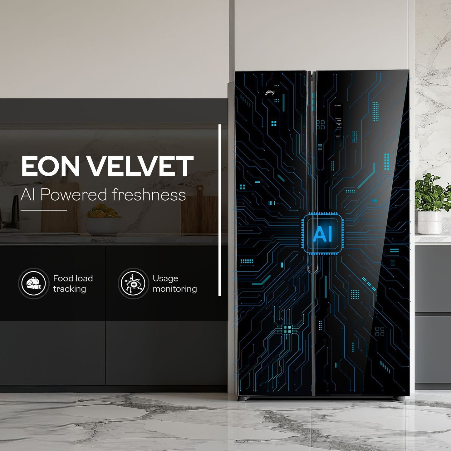 Godrej 600 Litres 3 Star Frost Free Side by Side Refrigerator with Powered By AI (RS EON VELVET 646C RIT, Opera Black)