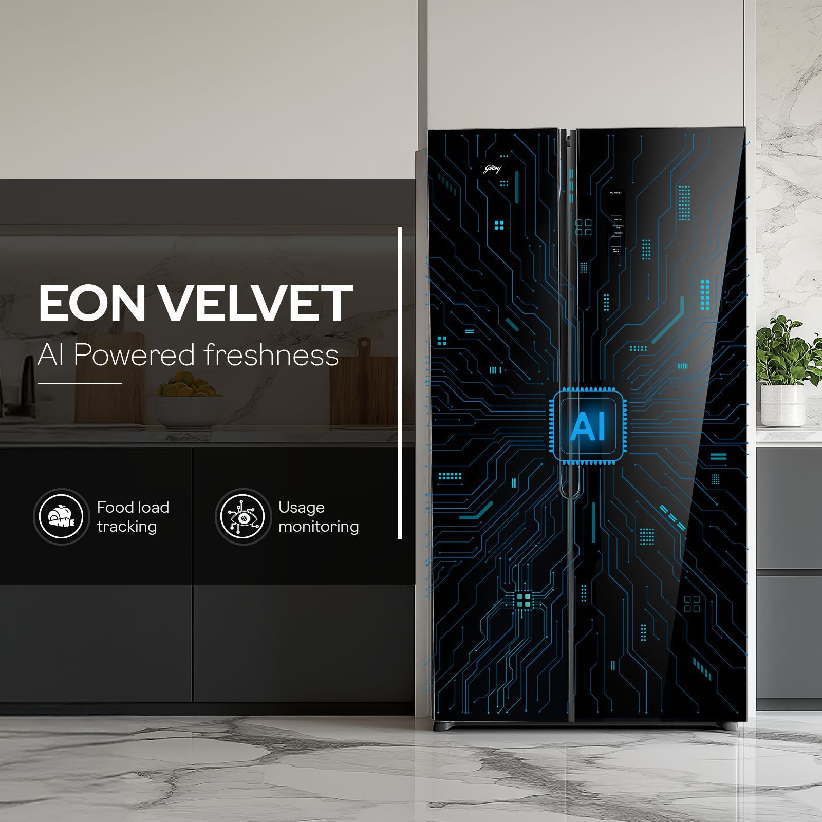 Godrej 600 Litres 3 Star Frost Free Side by Side Refrigerator with Powered By AI (RS EON VELVET 646C RIT, Opera Black)