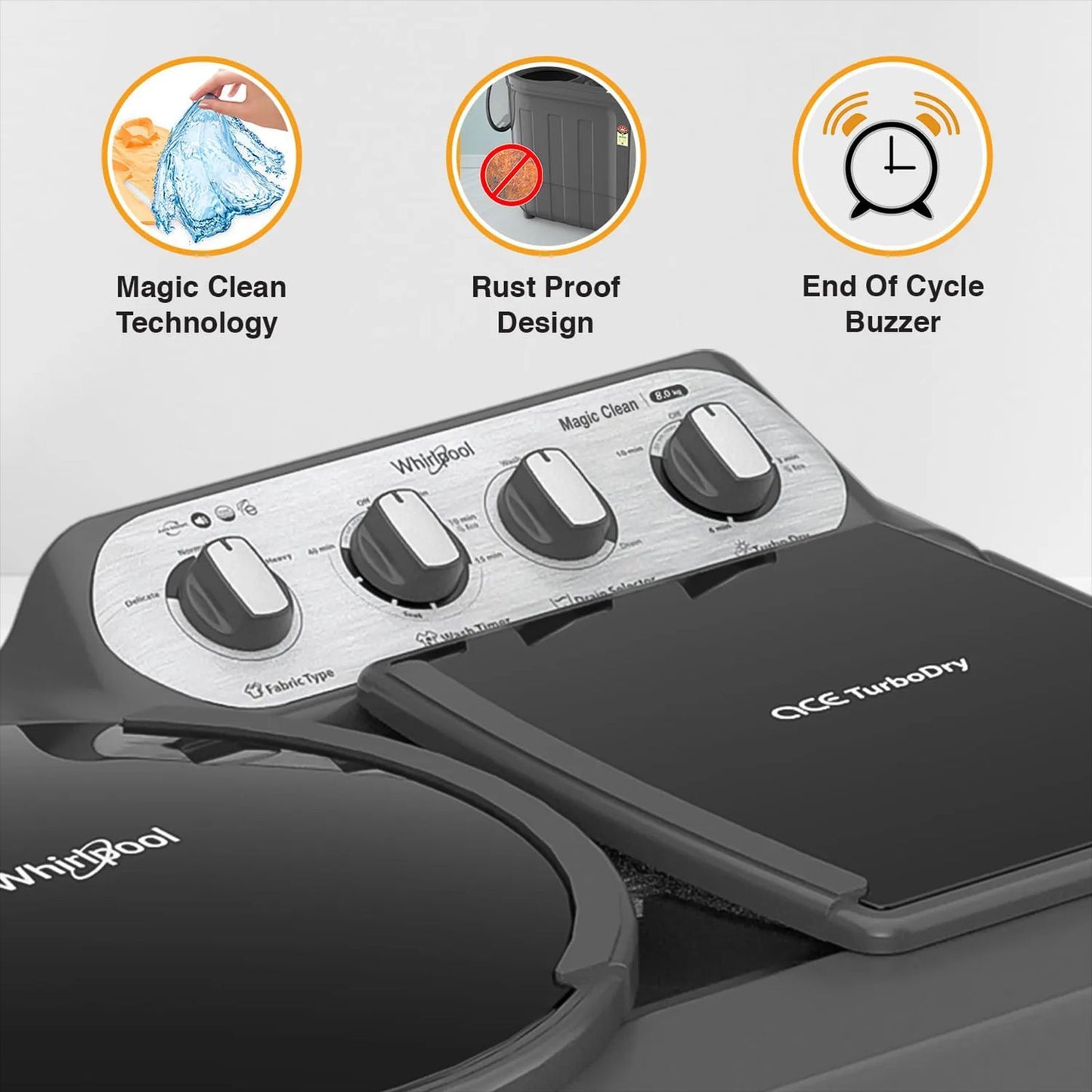 Whirlpool 8.0 kg 5 Star Semi Automatic Washing Machine with In built Scrubber (Magic Clean, 30318, Grey)