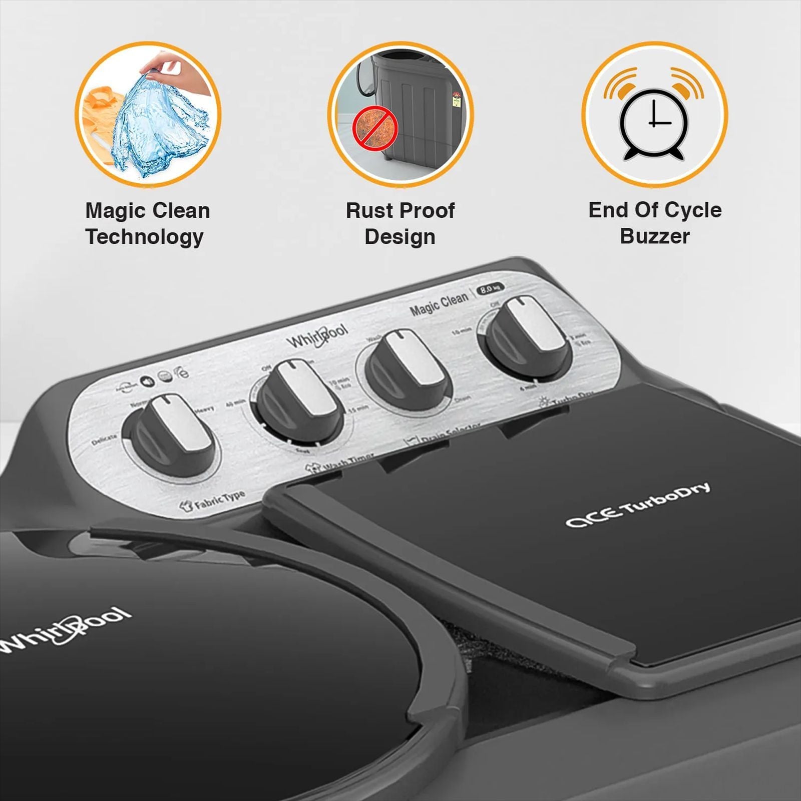 Whirlpool 8.0 kg 5 Star Semi Automatic Washing Machine with In built Scrubber (Magic Clean, 30318, Grey)