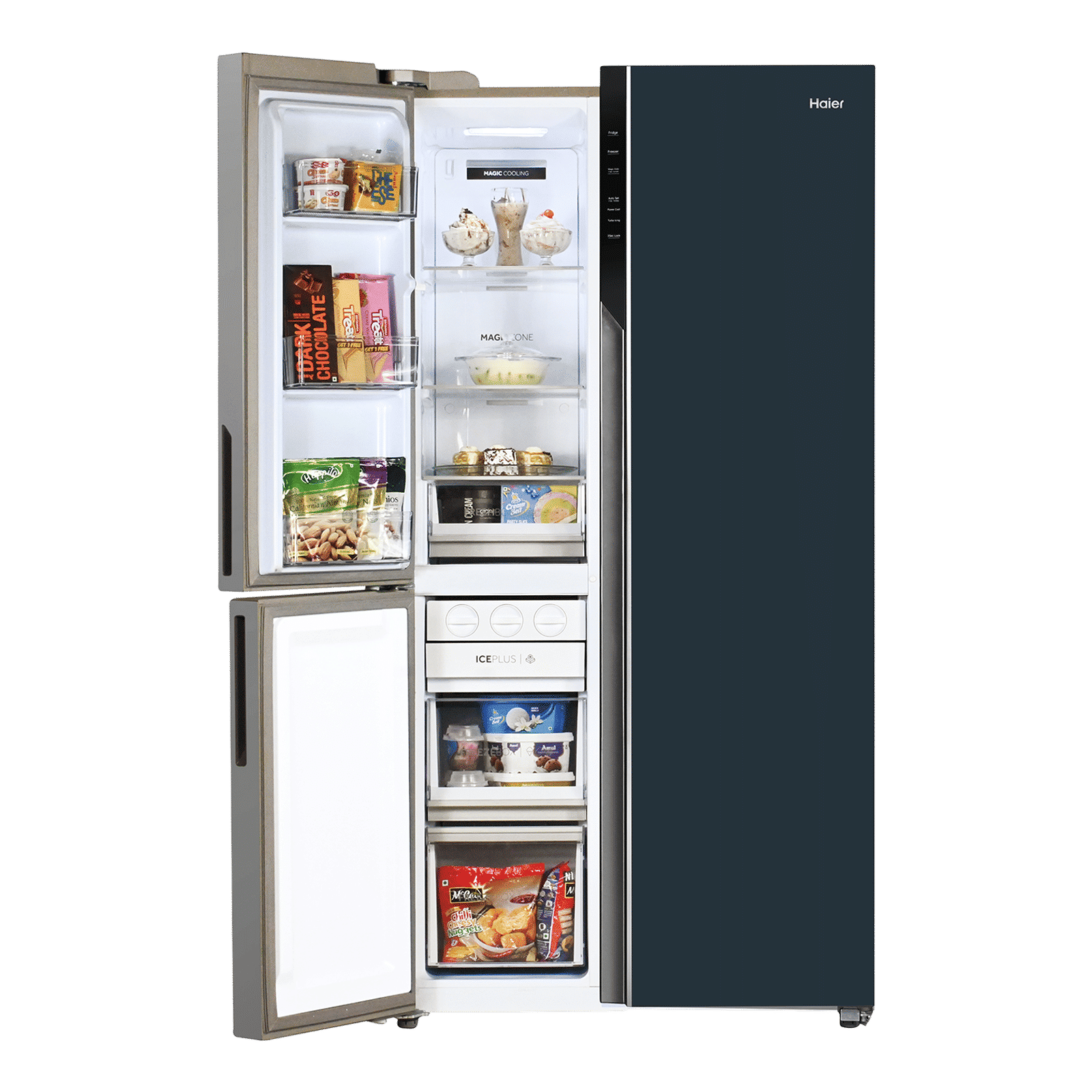 Haier Vogue Series 598 Litres 3 Star Frost Free Side by Side Door Smart Wifi Enabled Refrigerator with Deo Fresh Technology (HRT-683GOGU1, Grey Onyx Glass)
