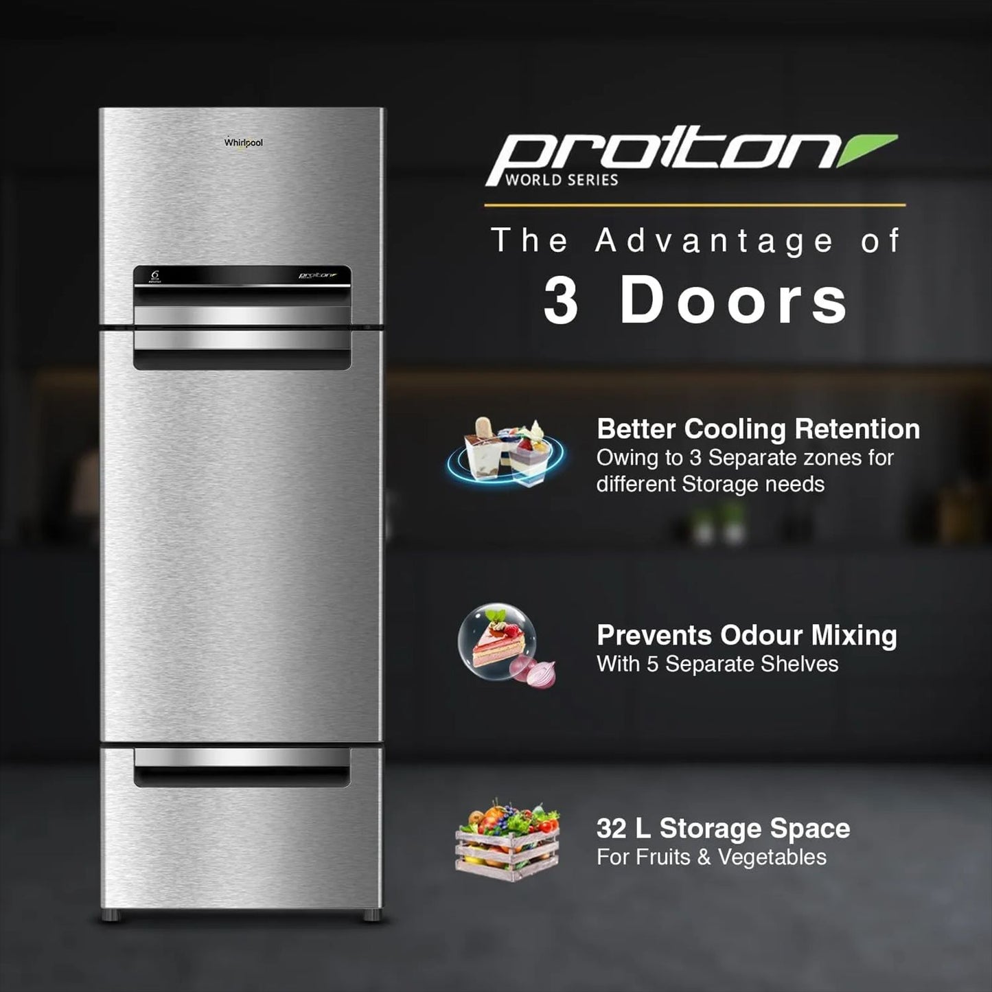 Whirlpool Protton 215 Litres Frost Free Triple Door Refrigerator with Zeolite Technology (22164, Radiant Steel)