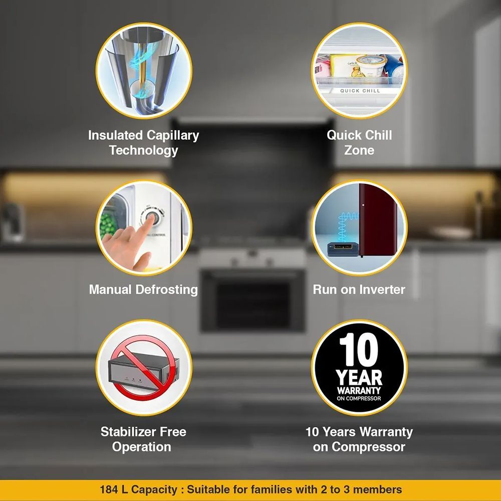 Whirlpool WDE Series 184 Litres 2 Star Direct Cool Single Door Refrigerator with Insulated Capillary Technology (72677, Wine)