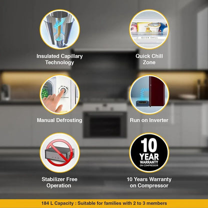 Whirlpool WDE Series 184 Litres 2 Star Direct Cool Single Door Refrigerator with Insulated Capillary Technology (72677, Wine)