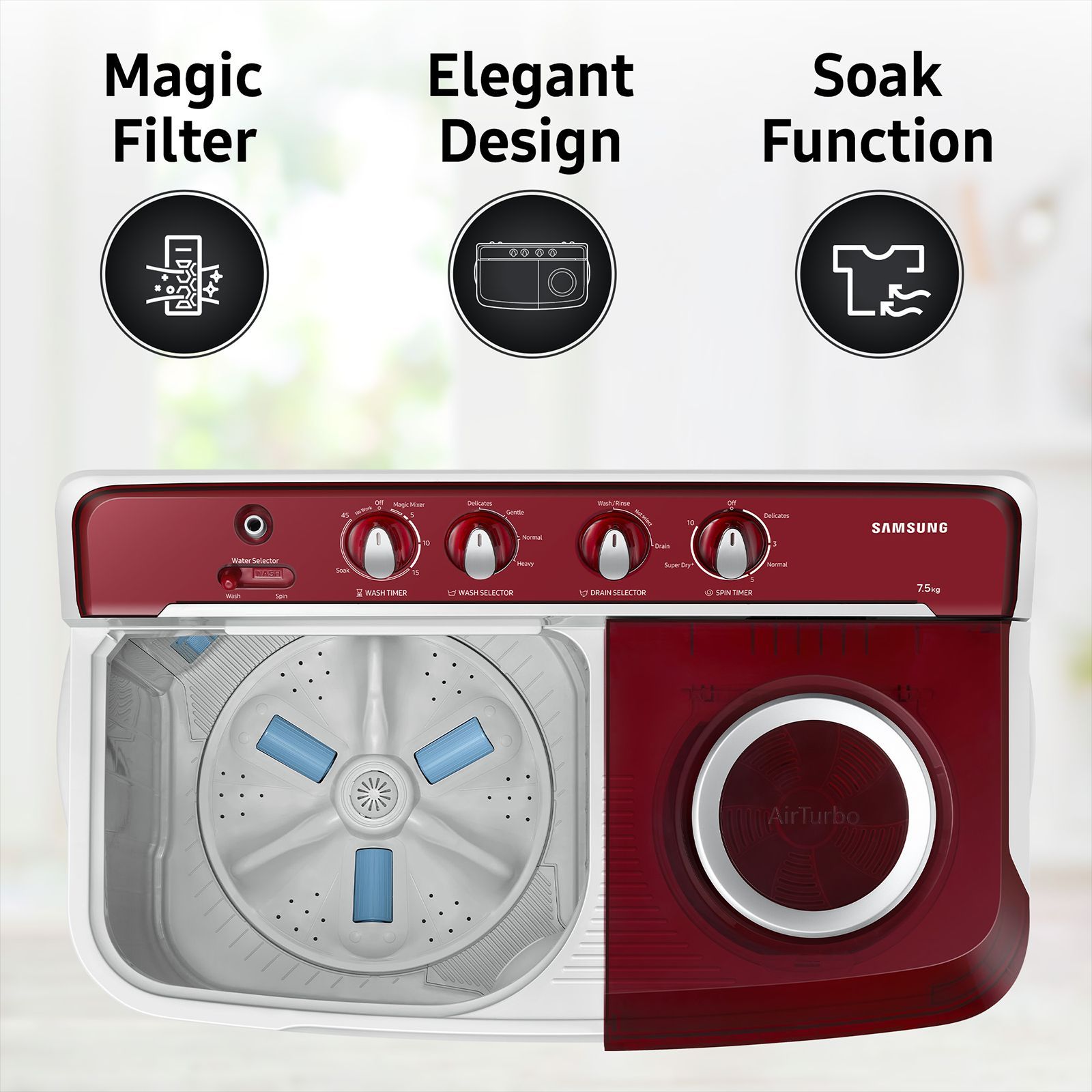 SAMSUNG 7.5 kg 5 Star Semi Automatic Washing Machine with Rat Protection (WT75B3200RR/TL, Dark Grey)