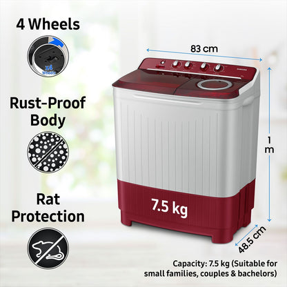 SAMSUNG 7.5 kg 5 Star Semi Automatic Washing Machine with Rat Protection (WT75B3200RR/TL, Dark Grey)