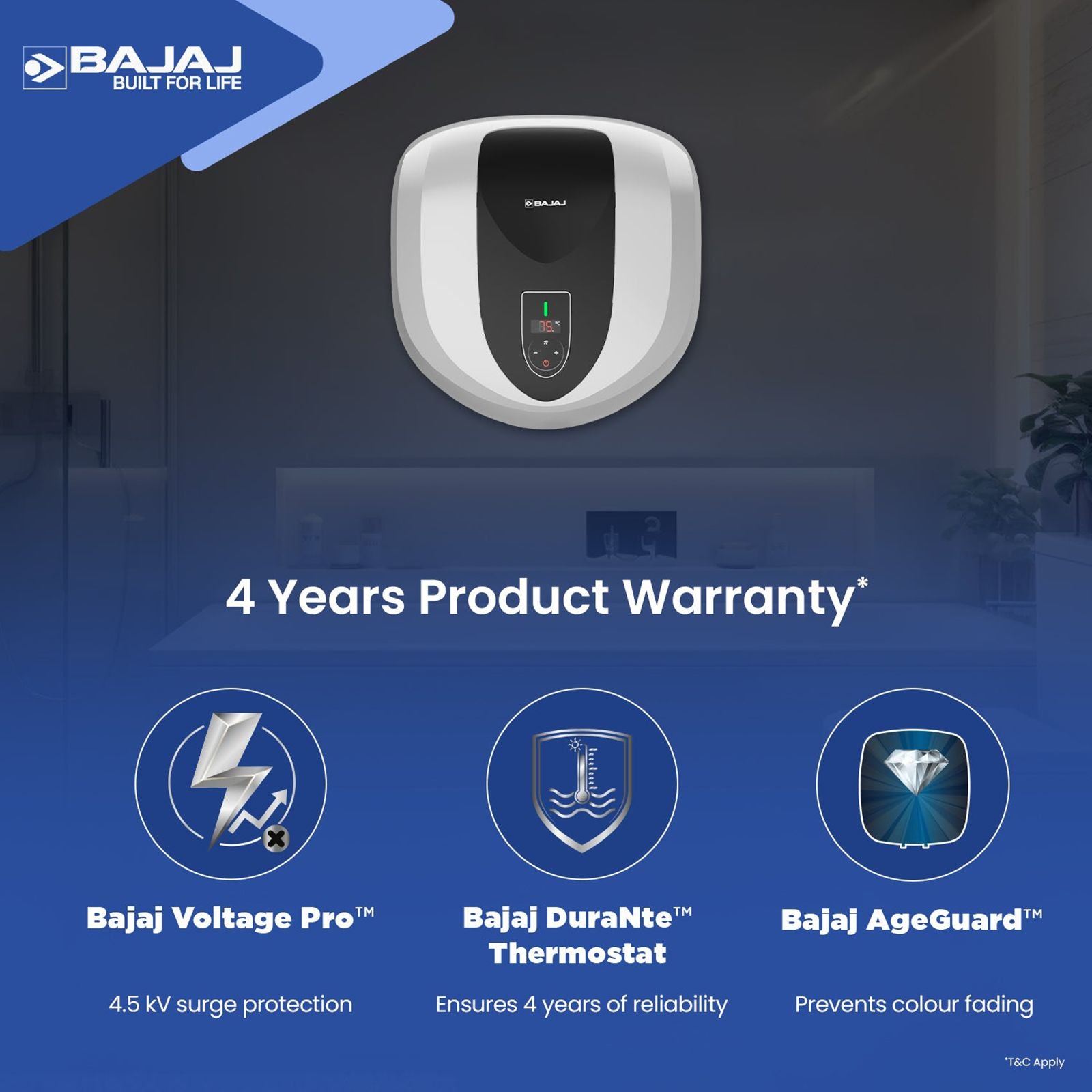 BAJAJ Eternal Pentacle Digi 15 Litre 5 Star Vertical Storage Geyser with Swirlflow Technology (White & Black)