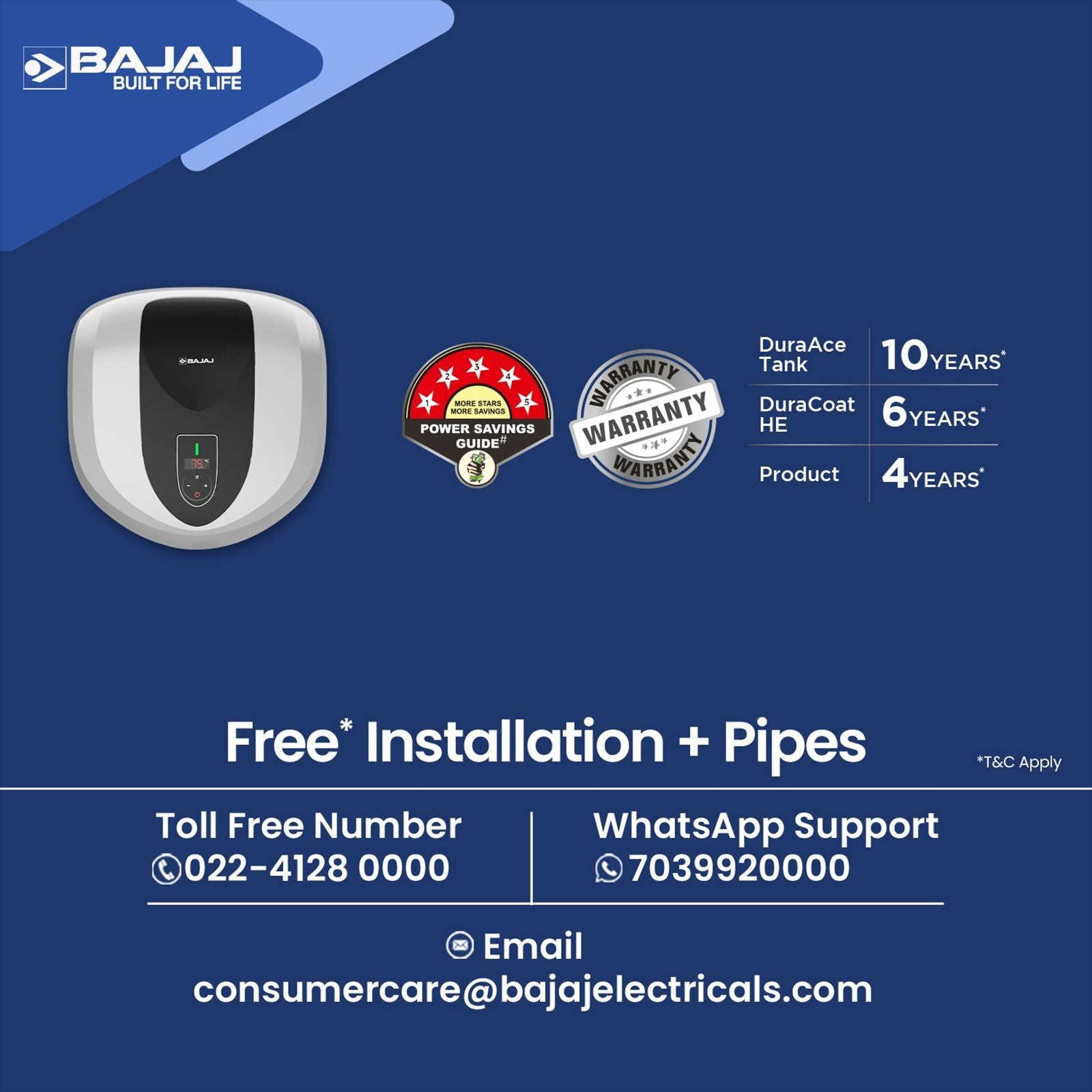 BAJAJ Eternal Pentacle Digi 15 Litre 5 Star Vertical Storage Geyser with Swirlflow Technology (White & Black)