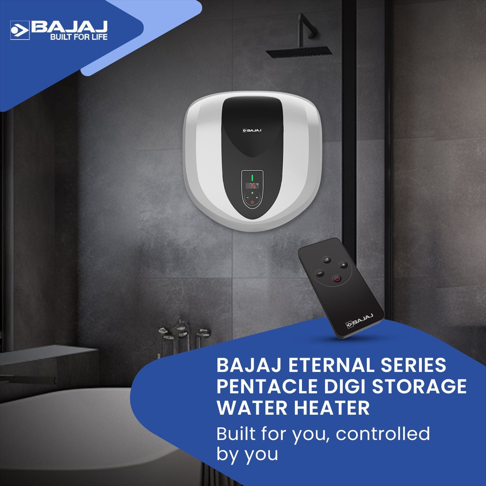 BAJAJ Eternal Pentacle Digi 15 Litre 5 Star Vertical Storage Geyser with Swirlflow Technology (White & Black)