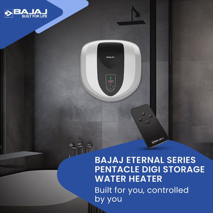 BAJAJ Eternal Pentacle Digi 15 Litre 5 Star Vertical Storage Geyser with Swirlflow Technology (White & Black)