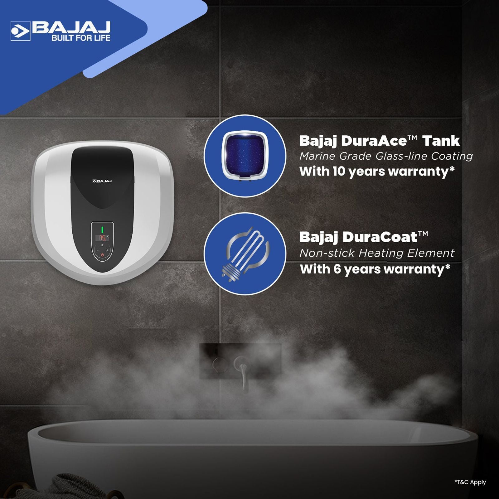 BAJAJ Eternal Pentacle Digi 15 Litre 5 Star Vertical Storage Geyser with Swirlflow Technology (White & Black)
