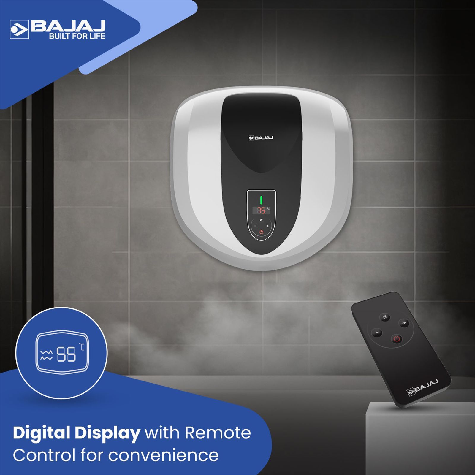 BAJAJ Eternal Pentacle Digi 15 Litre 5 Star Vertical Storage Geyser with Swirlflow Technology (White & Black)